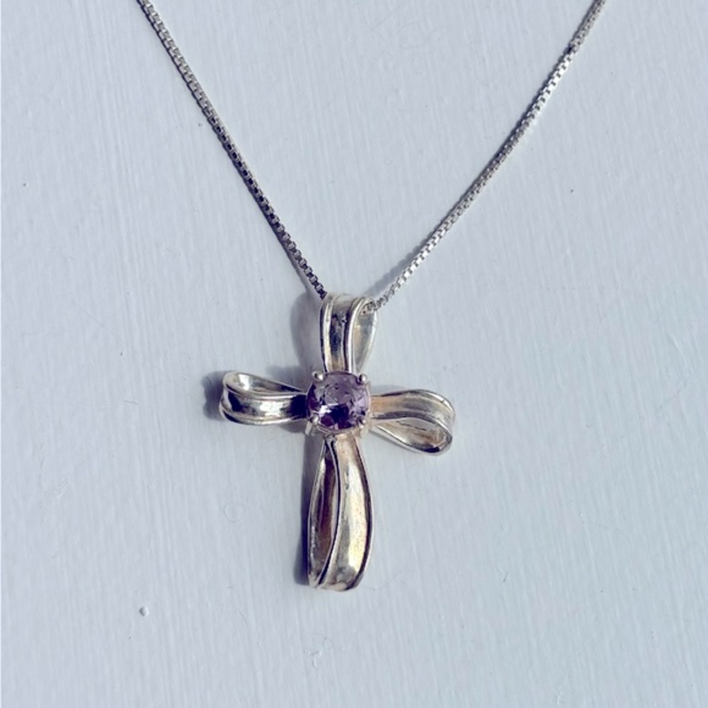 Silver Amethyst Cross Necklace